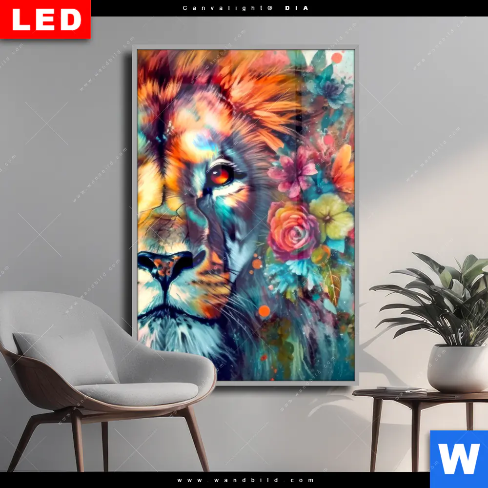Wechselmotiv Acrylglas Canvalight® DIA | Floraler Löwe | Hochformat