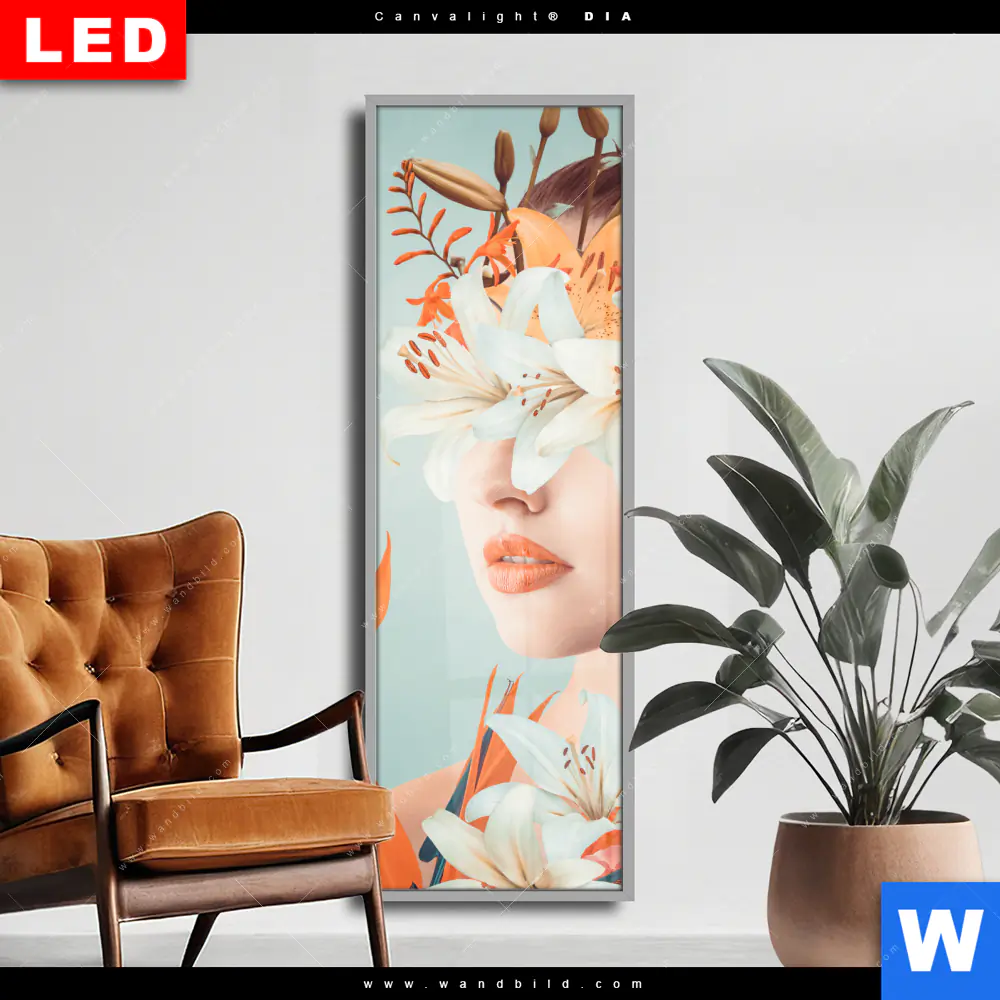 Wechselmotiv Acrylglas Canvalight® DIA | Florales Frauenporträt - Viola | Schmal