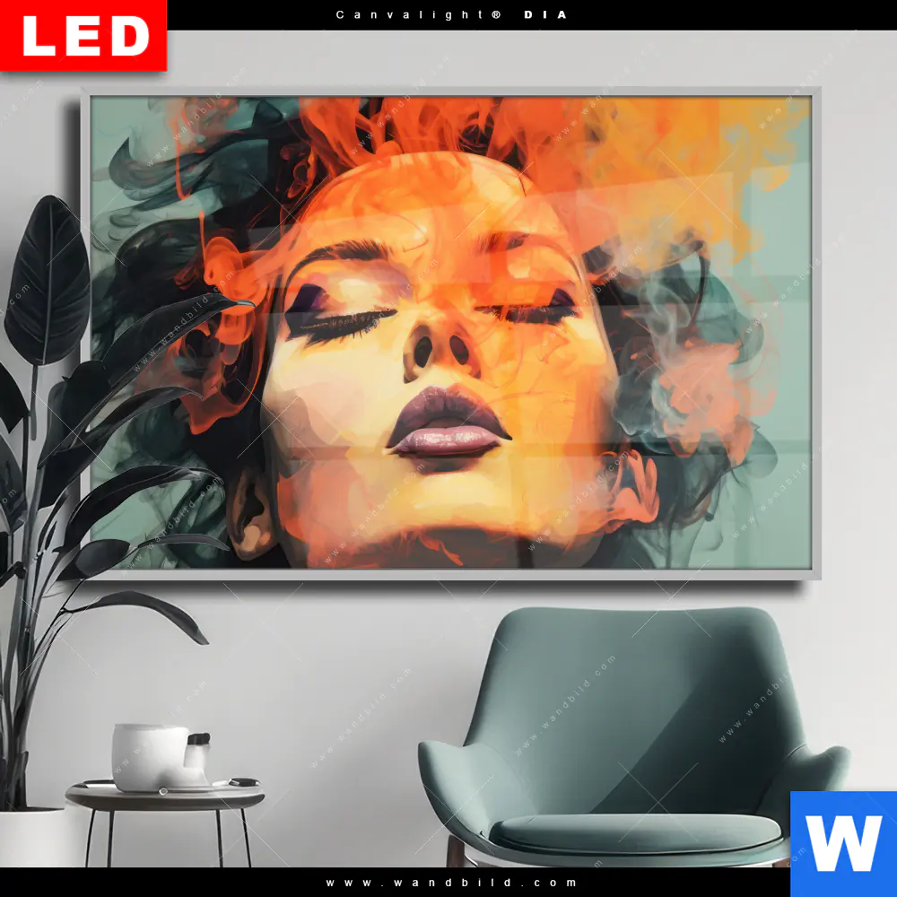 Wechselmotiv Acrylglas Canvalight® DIA | Frau mit buntem Rauch | Querformat
