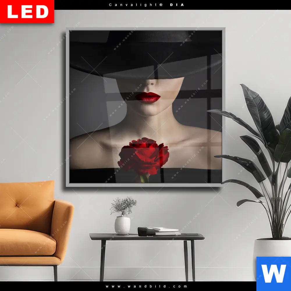 Wechselmotiv Acrylglas Canvalight® DIA | Frau mit Hut & Rose | Quadrat