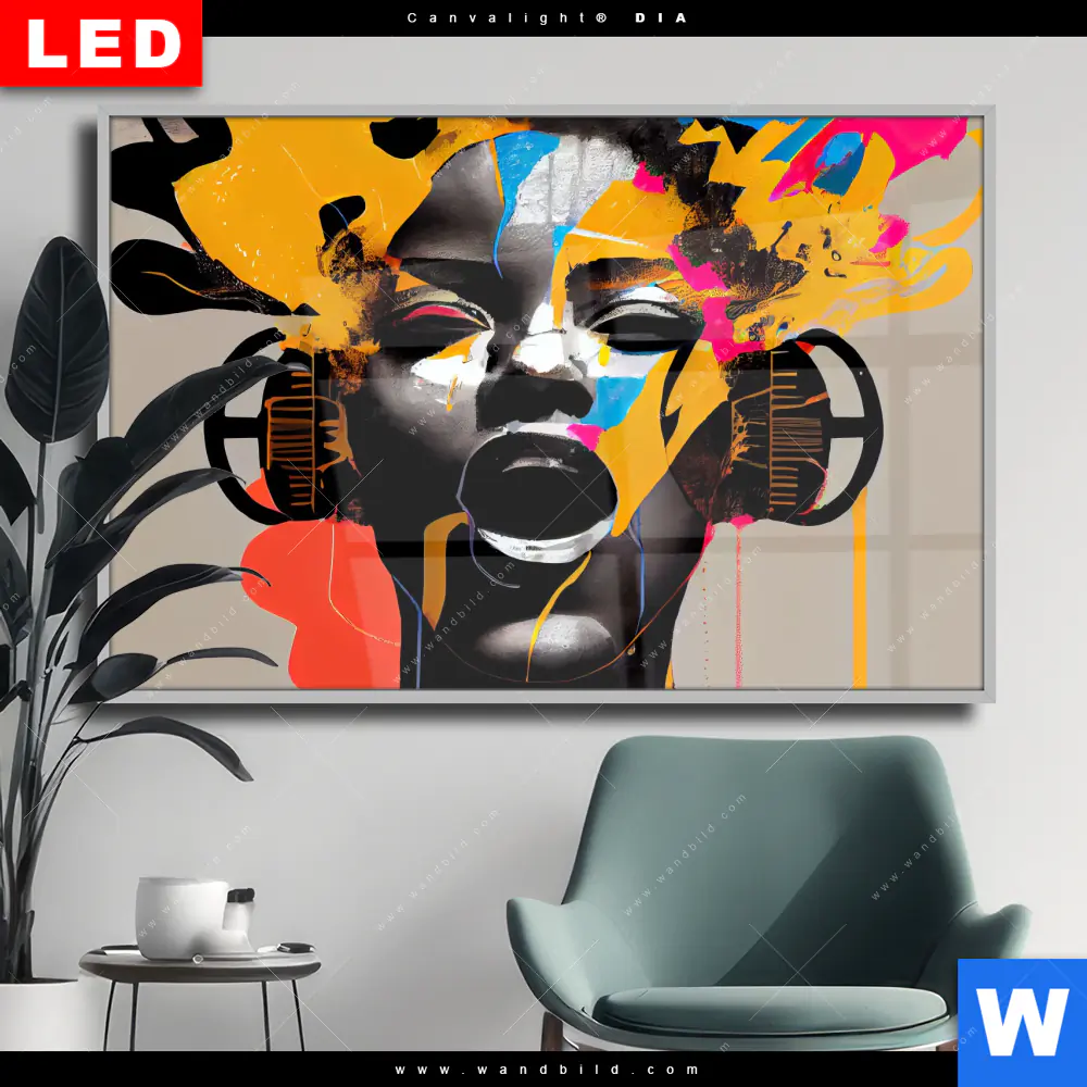 Wechselmotiv Acrylglas Canvalight® DIA | Frau mit Kopfhörern | Querformat