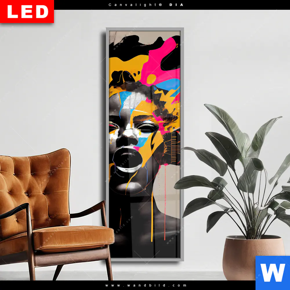 Wechselmotiv Acrylglas Canvalight® DIA | Frau mit Kopfhörern | Schmal