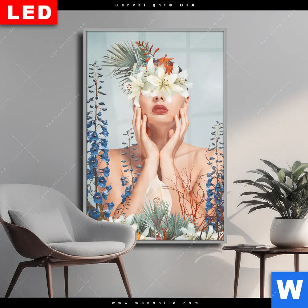 Wechselmotiv Acrylglas Canvalight® DIA | Frauenportrait mit Blumen | Hochformat