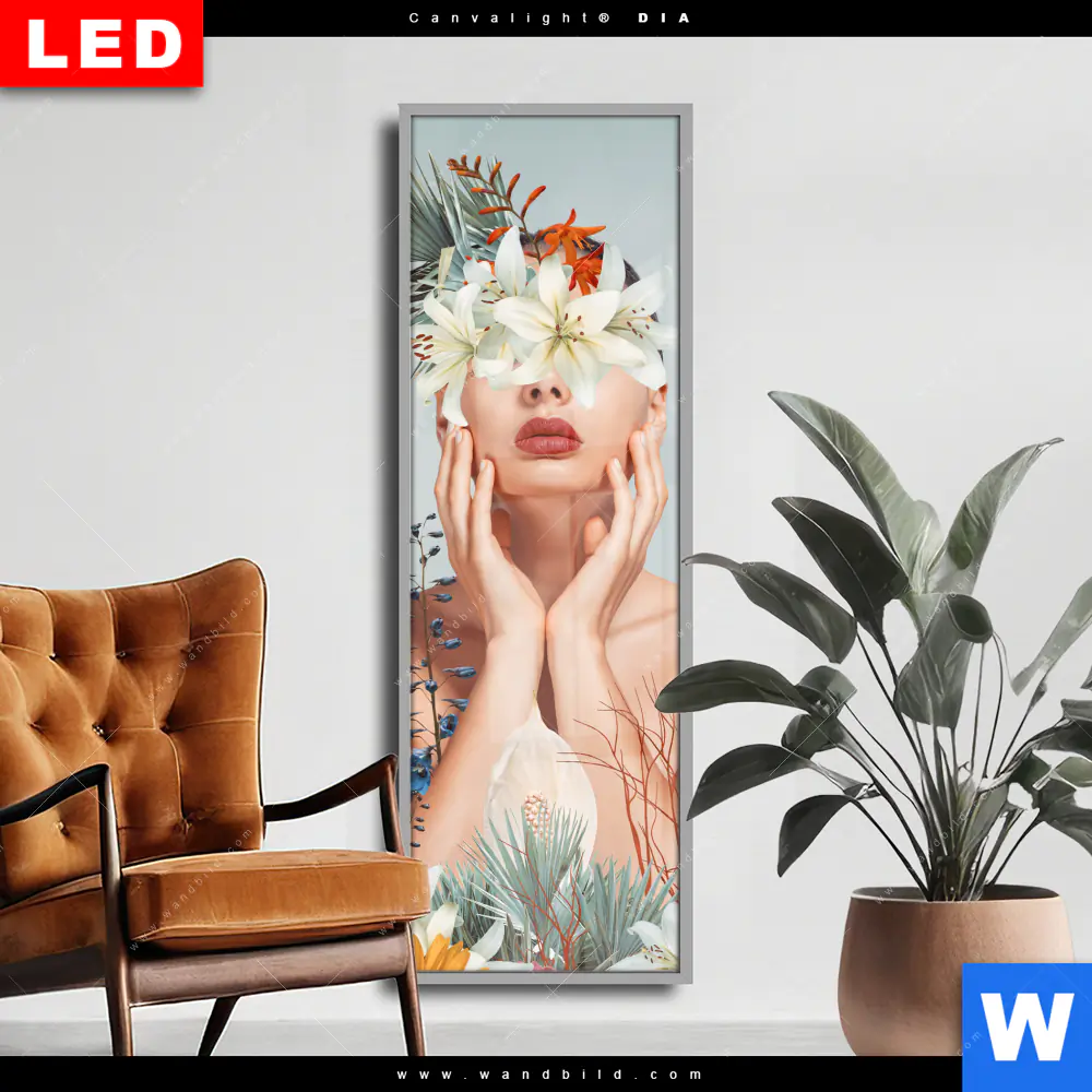 Wechselmotiv Acrylglas Canvalight® DIA | Frauenportrait mit Blumen | Schmal