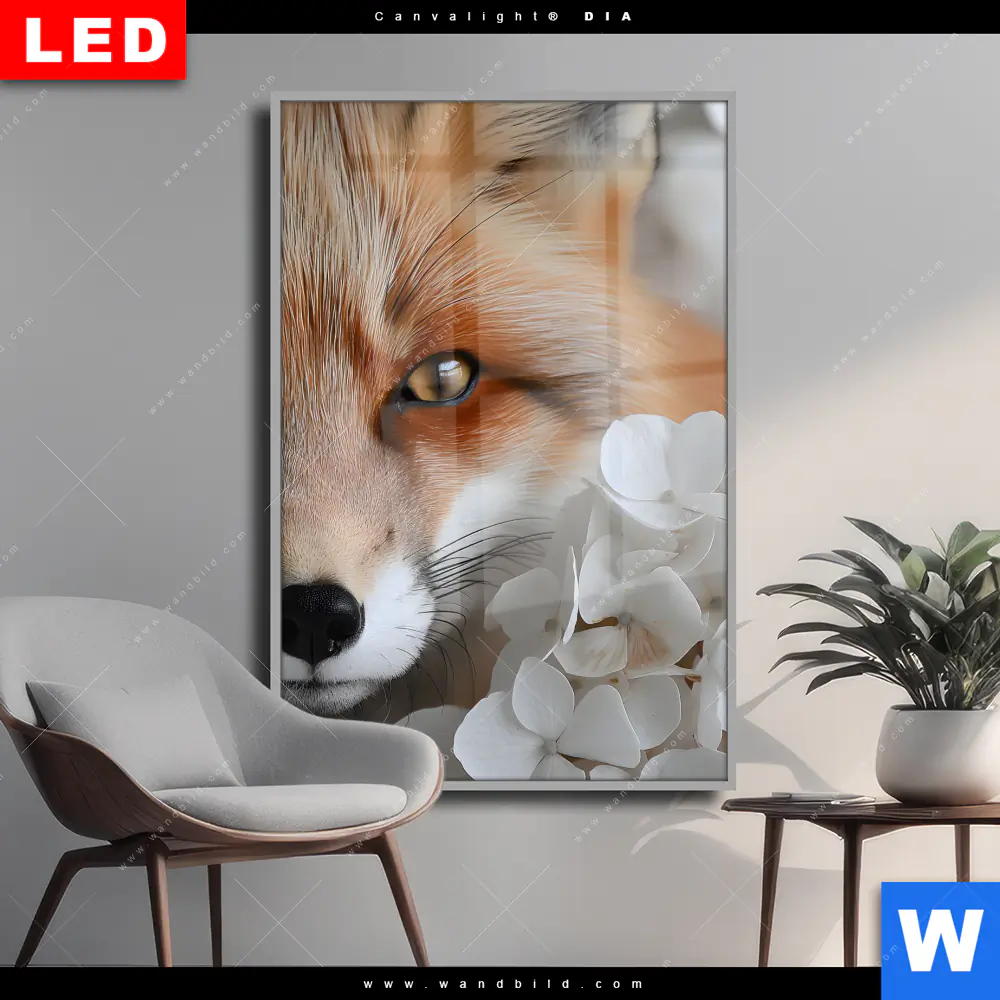 Wechselmotiv Acrylglas Canvalight® DIA | Friedlicher Fuchs und Blumen | Hochformat