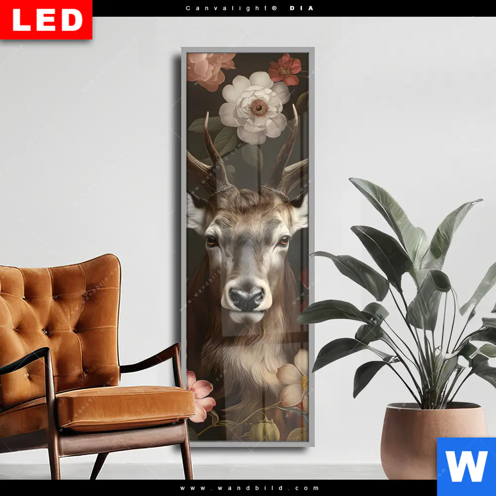 Wechselmotiv Acrylglas Canvalight® DIA | Friedlicher Hirsch und Blüten | Schmal