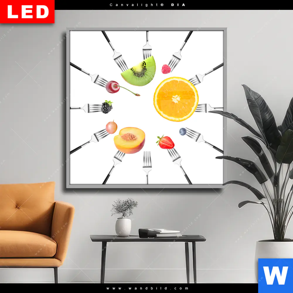 Wechselmotiv Acrylglas Canvalight® DIA | Früchte auf Gabeln | Quadrat