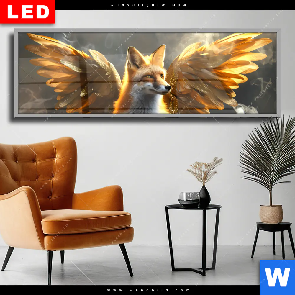 Wechselmotiv Acrylglas Canvalight® DIA | Fuchs mit goldenen Flügeln | Panorama
