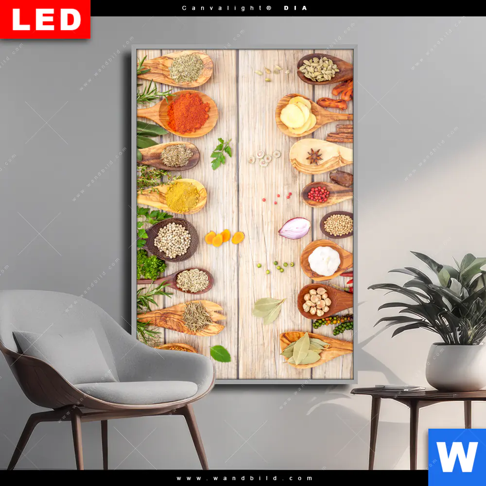 Wechselmotiv Acrylglas Canvalight® DIA | Gewürze auf hölzernen Löffeln | Hochformat