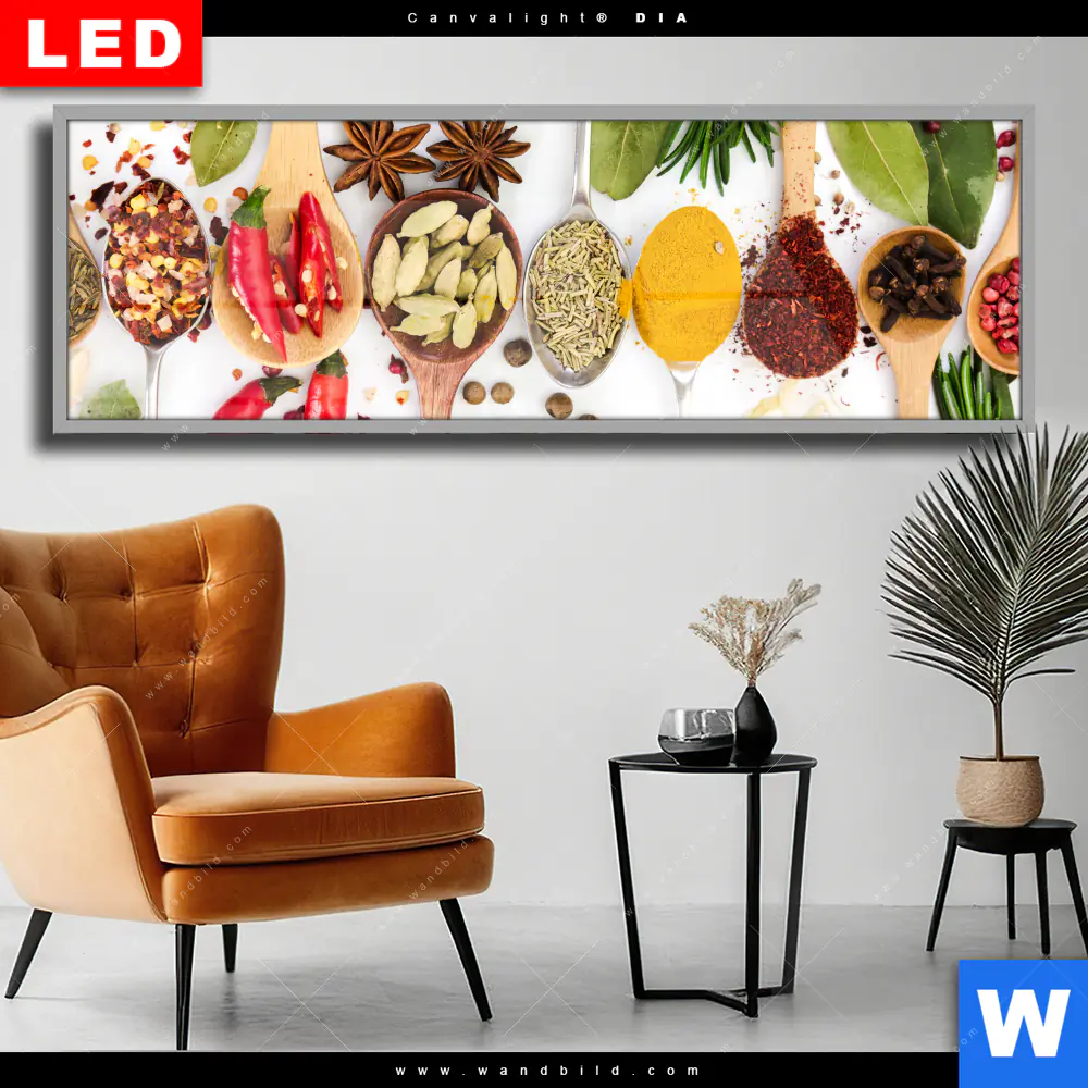 Wechselmotiv Acrylglas Canvalight® DIA | Gewürze auf Löffeln - weiß | Panorama
