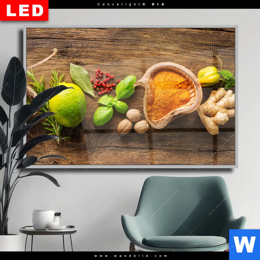 Wechselmotiv Acrylglas Canvalight® DIA | Gewürze & Kräuter auf Holz | Querformat