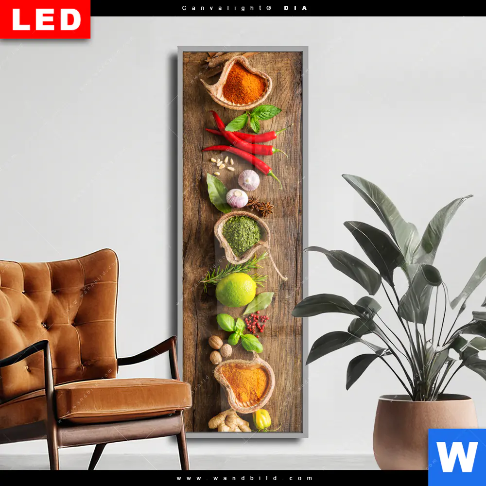 Wechselmotiv Acrylglas Canvalight® DIA | Gewürze & Kräuter auf Holz | Schmal