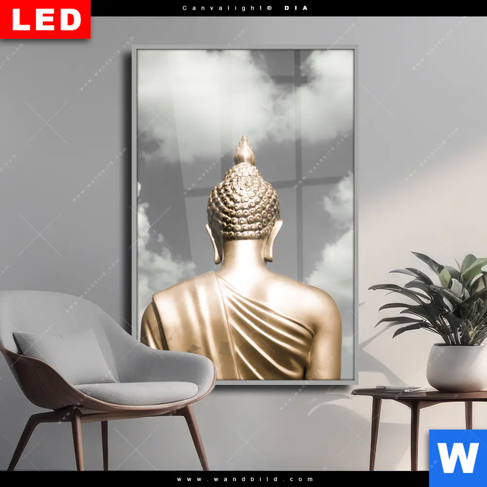 Wechselmotiv Acrylglas Canvalight® DIA | Goldene Buddha Statue | Hochformat