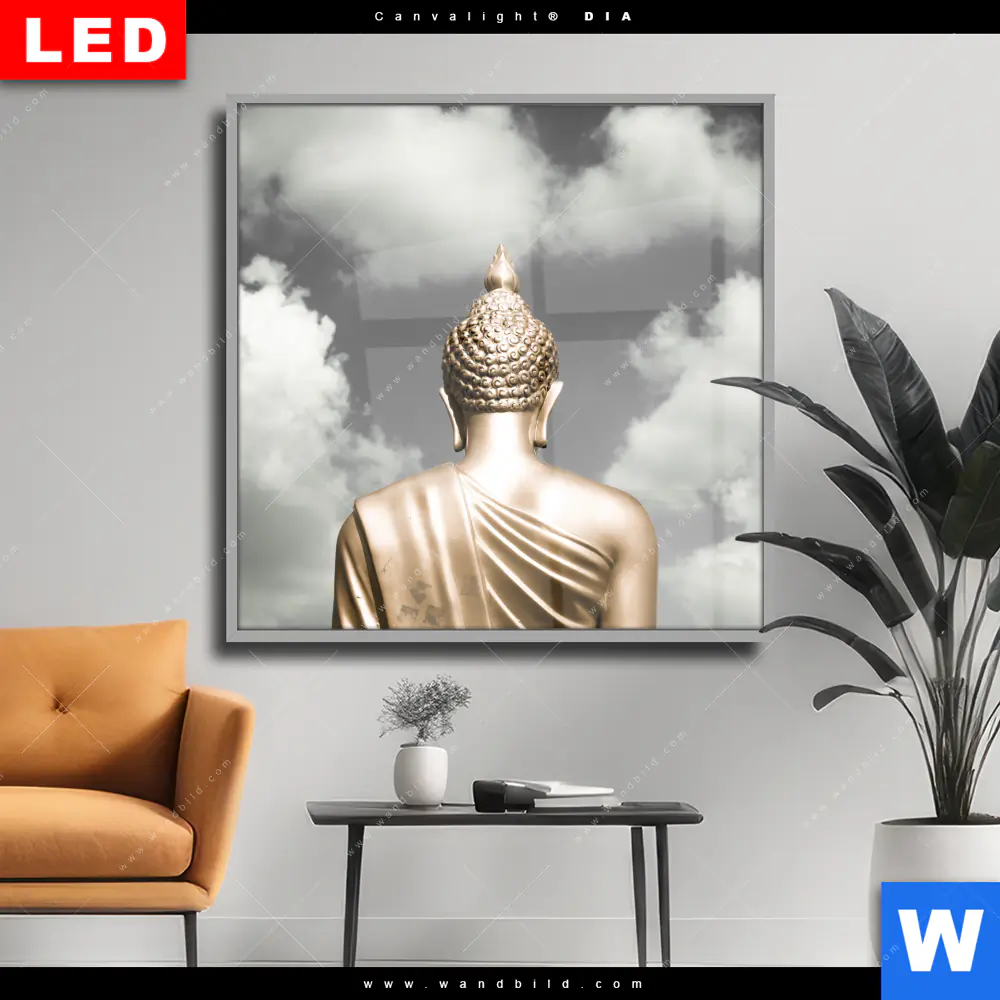 Wechselmotiv Acrylglas Canvalight® DIA | Goldene Buddha Statue | Quadrat