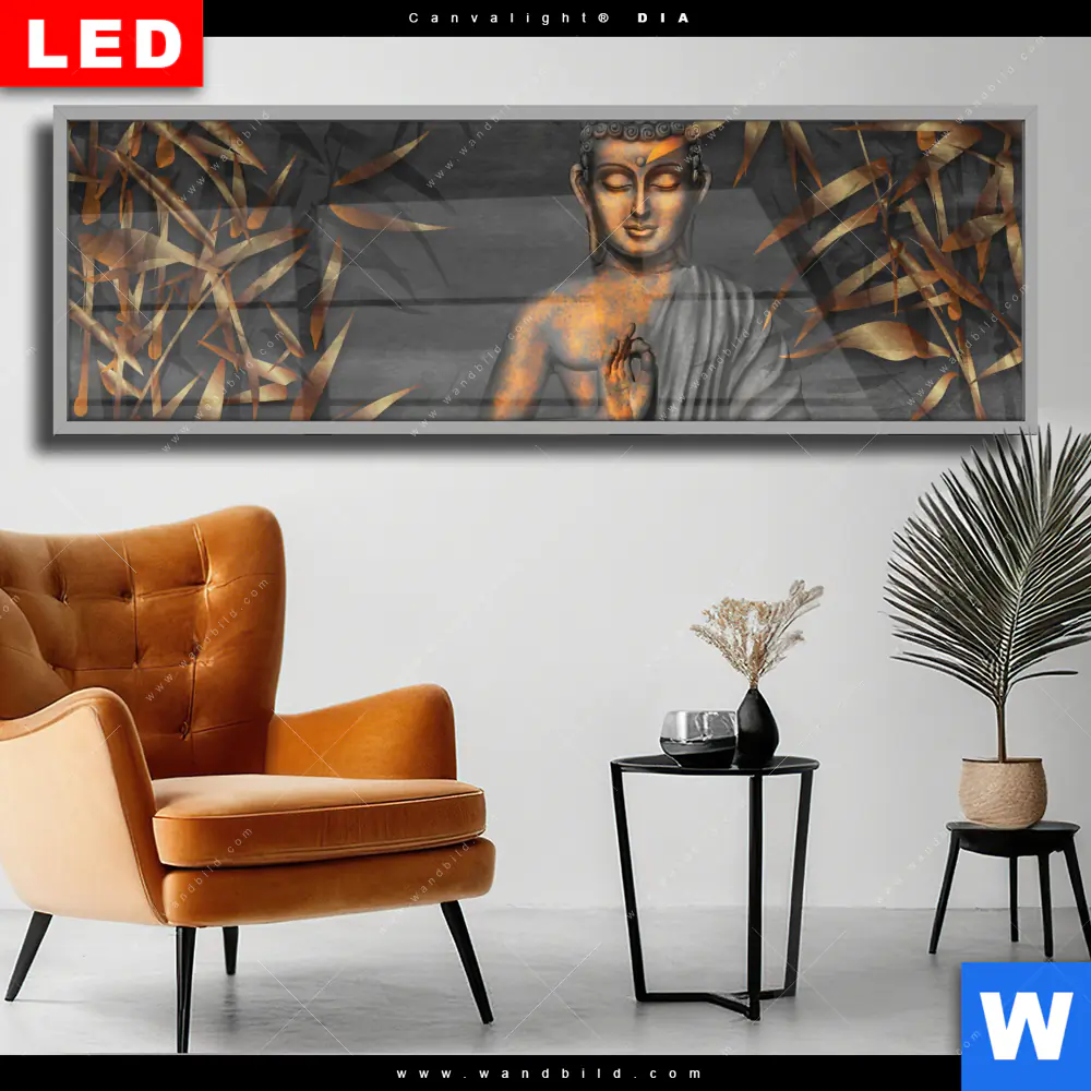 Wechselmotiv Acrylglas Canvalight® DIA | Goldener Buddha & Bambus | Panorama