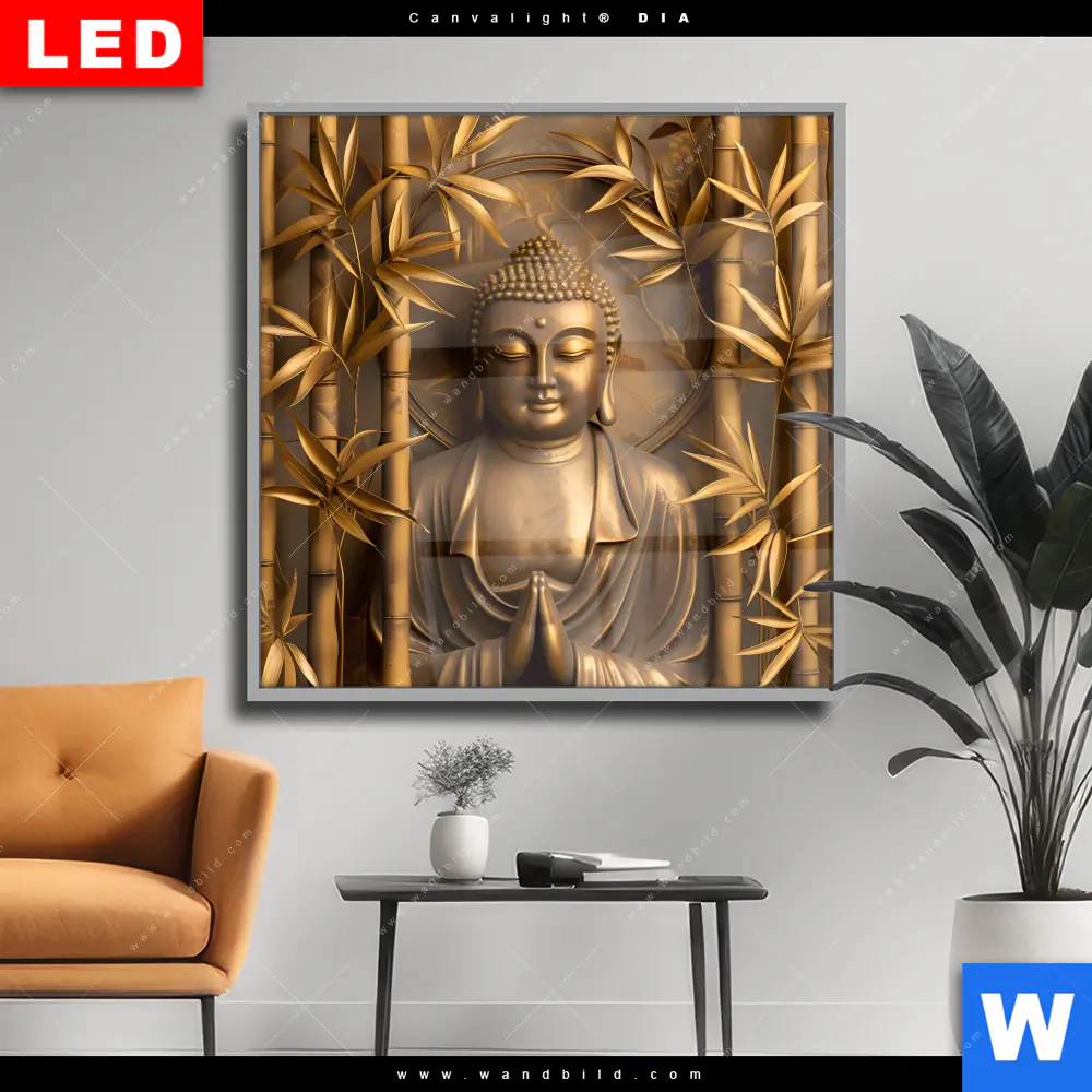 Wechselmotiv Acrylglas Canvalight® DIA | Goldener Buddha im Bambuswald | Quadrat