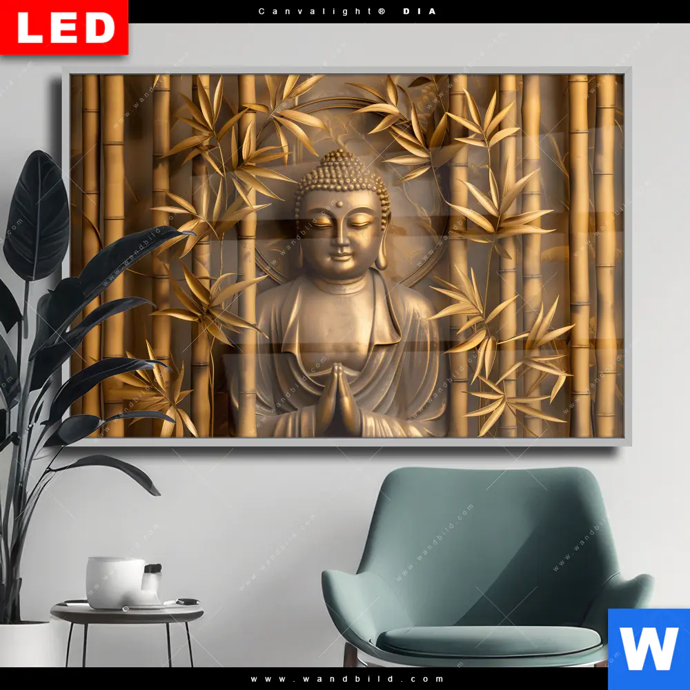 Wechselmotiv Acrylglas Canvalight® DIA | Goldener Buddha im Bambuswald | Querformat