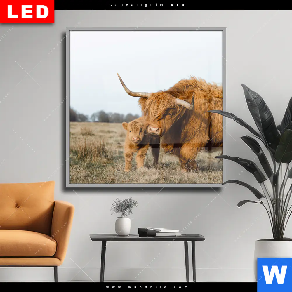 Wechselmotiv Acrylglas Canvalight® DIA | Highlander Familie | Quadrat