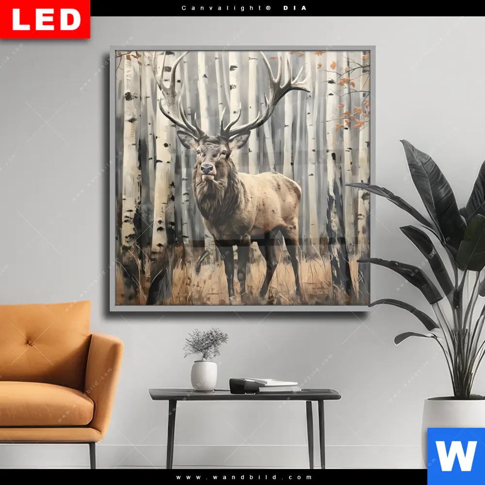 Wechselmotiv Acrylglas Canvalight® DIA | Hirsch im Birkenwald | Quadrat