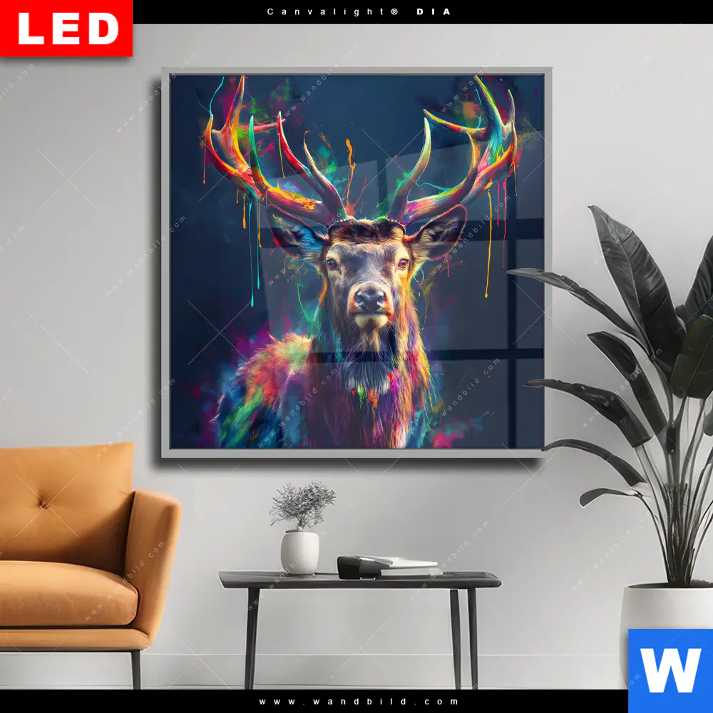 Wechselmotiv Acrylglas Canvalight® DIA | Hirsch im leuchtenden Farbmix | Quadrat