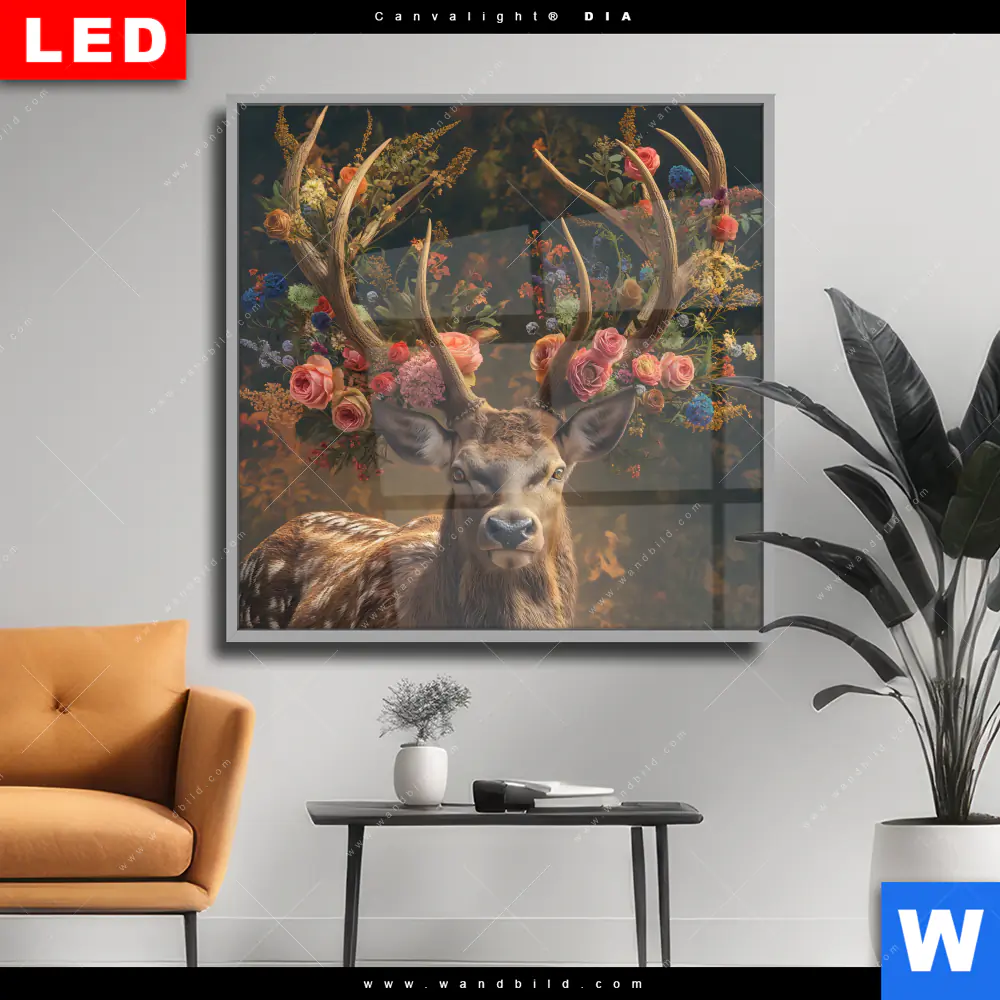 Wechselmotiv Acrylglas Canvalight® DIA | Hirsch mit floralem Geweih | Quadrat