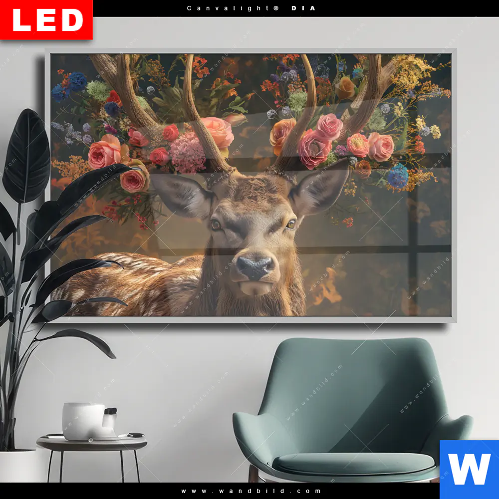 Wechselmotiv Acrylglas Canvalight® DIA | Hirsch mit floralem Geweih | Querformat