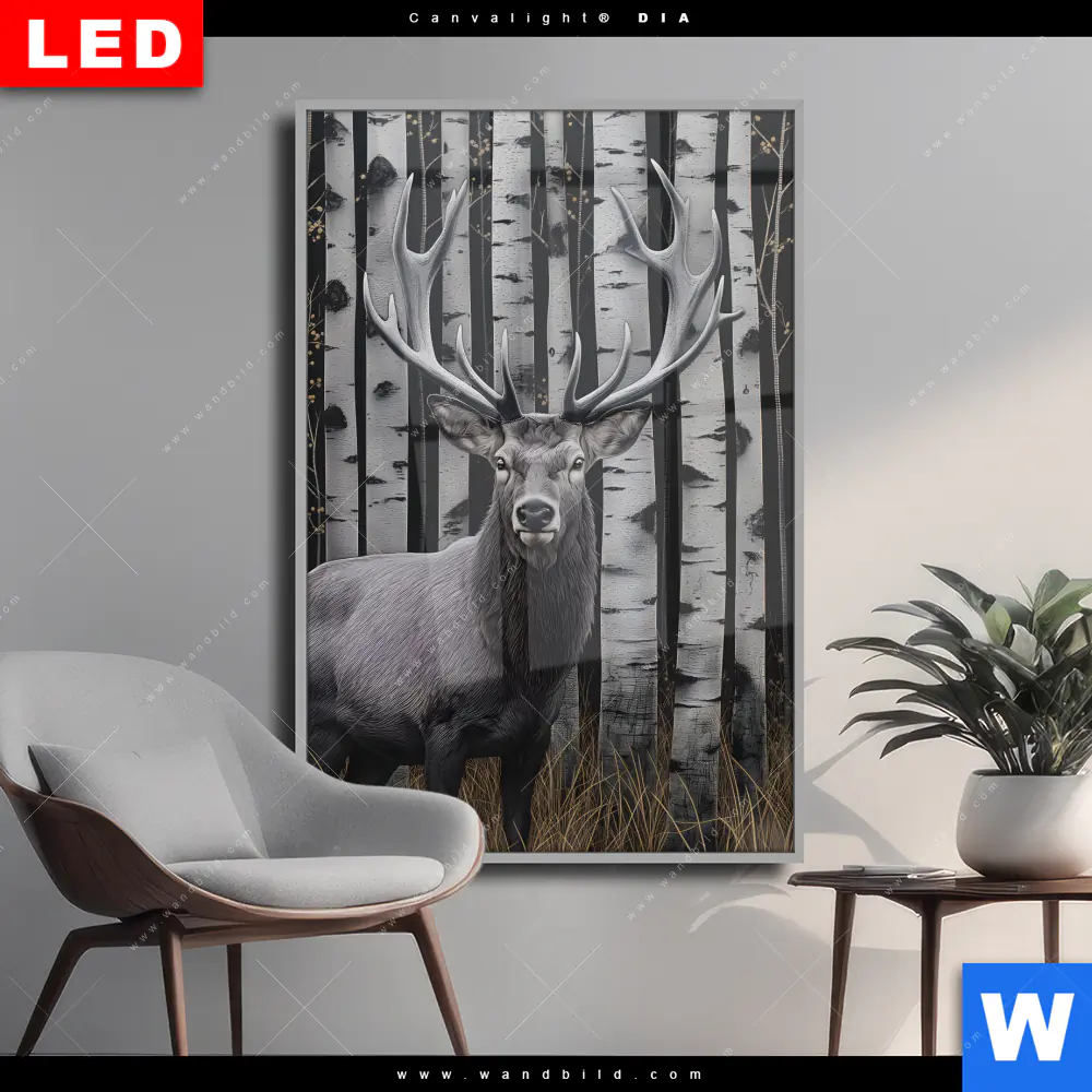 Wechselmotiv Acrylglas Canvalight® DIA | Hirschporträt vor Birken | Hochformat