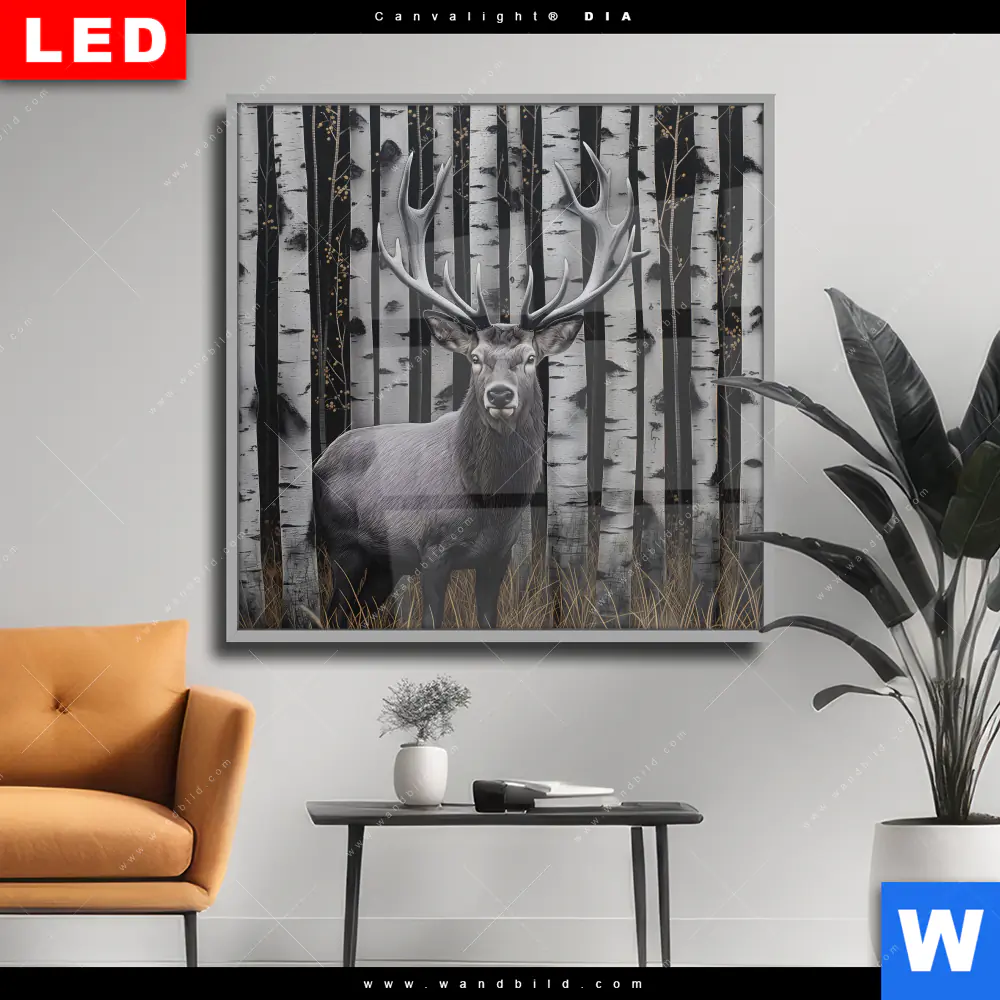 Wechselmotiv Acrylglas Canvalight® DIA | Hirschporträt vor Birken | Quadrat