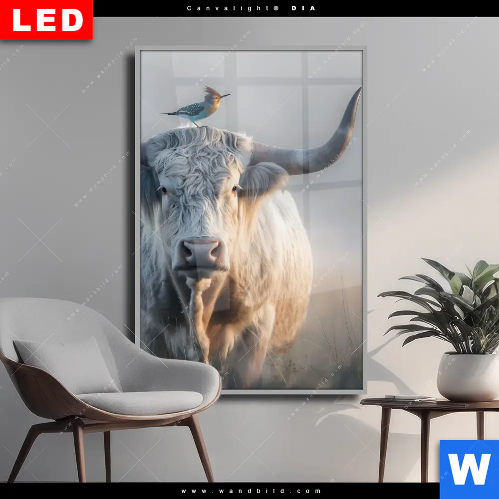 Wechselmotiv Acrylglas Canvalight® DIA | Hochlandrind & bunter Vogel | Hochformat