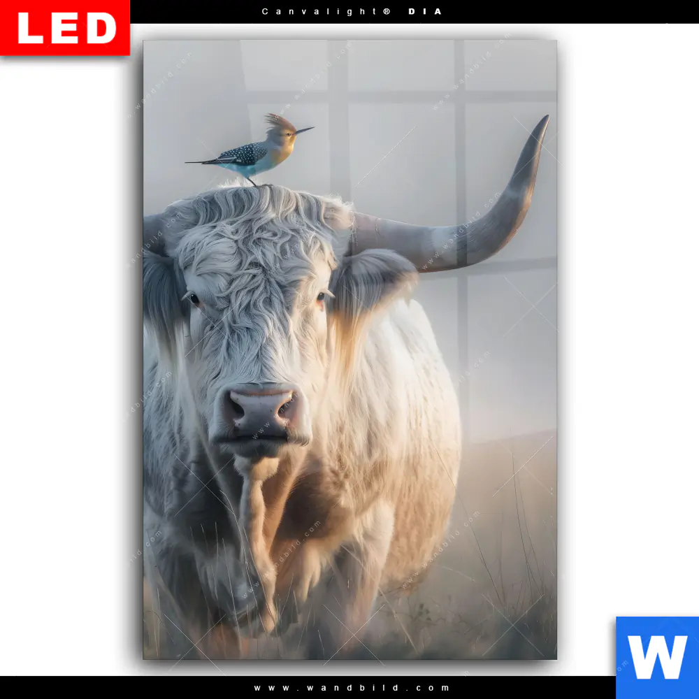 Wechselmotiv Acrylglas Canvalight® DIA | Hochlandrind & bunter Vogel | Hochformat - Image 2