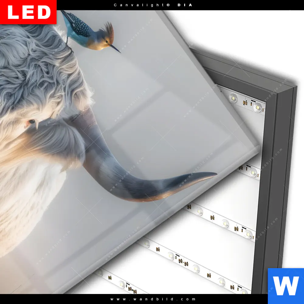 Wechselmotiv Acrylglas Canvalight® DIA | Hochlandrind & bunter Vogel | Hochformat - Image 3