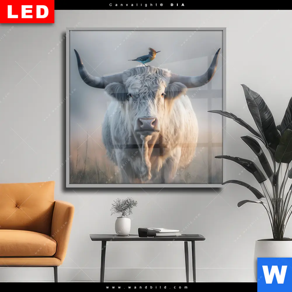 Wechselmotiv Acrylglas Canvalight® DIA | Hochlandrind & bunter Vogel | Quadrat