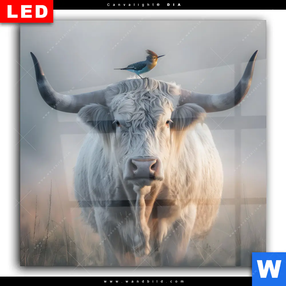 Wechselmotiv Acrylglas Canvalight® DIA | Hochlandrind & bunter Vogel | Quadrat - Image 2