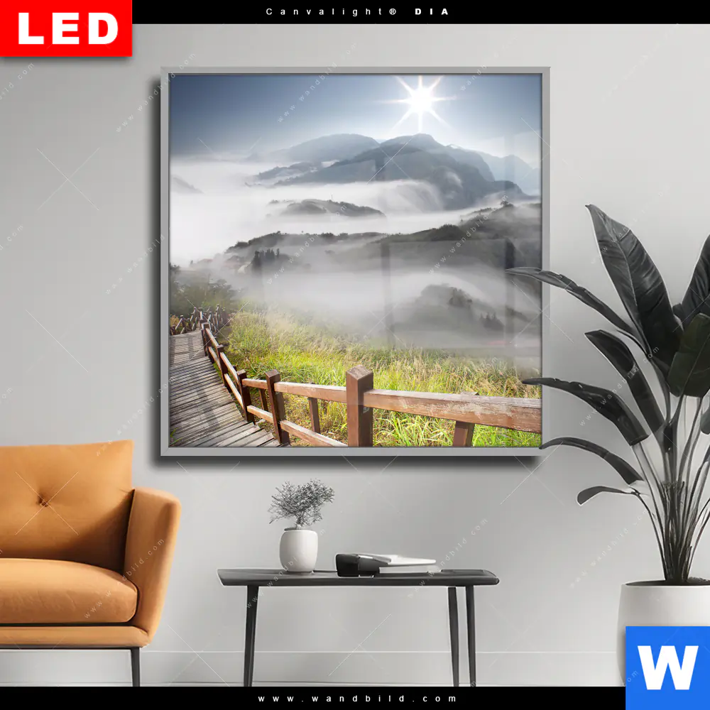 Wechselmotiv Acrylglas Canvalight® DIA | Holztreppe auf Berg mit Wolken | Quadrat