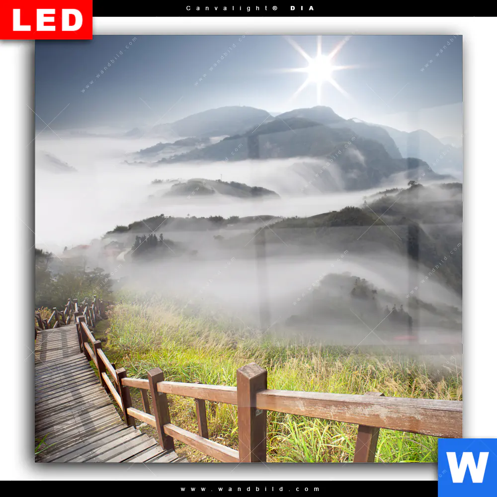 Wechselmotiv Acrylglas Canvalight® DIA | Holztreppe auf Berg mit Wolken | Quadrat - Image 2