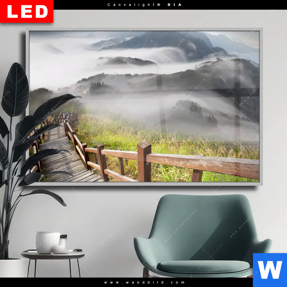 Wechselmotiv Acrylglas Canvalight® DIA | Holztreppe auf Berg mit Wolken | Querformat