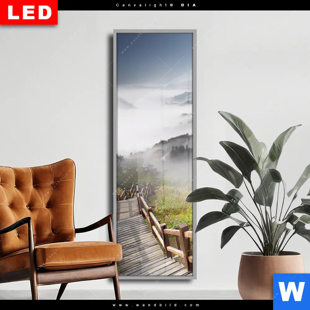 Wechselmotiv Acrylglas Canvalight® DIA | Holztreppe auf Berg mit Wolken | Schmal