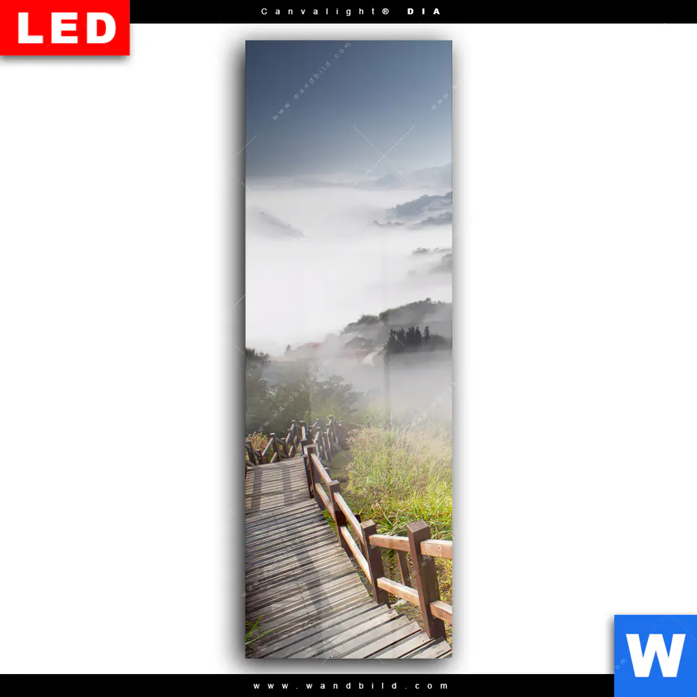 Wechselmotiv Acrylglas Canvalight® DIA | Holztreppe auf Berg mit Wolken | Schmal - Image 2