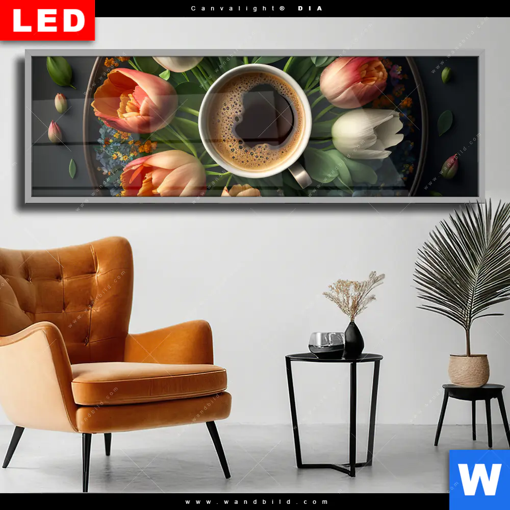 Wechselmotiv Acrylglas Canvalight® DIA | Kaffee inmitten wunderschöner Blumen | Panorama