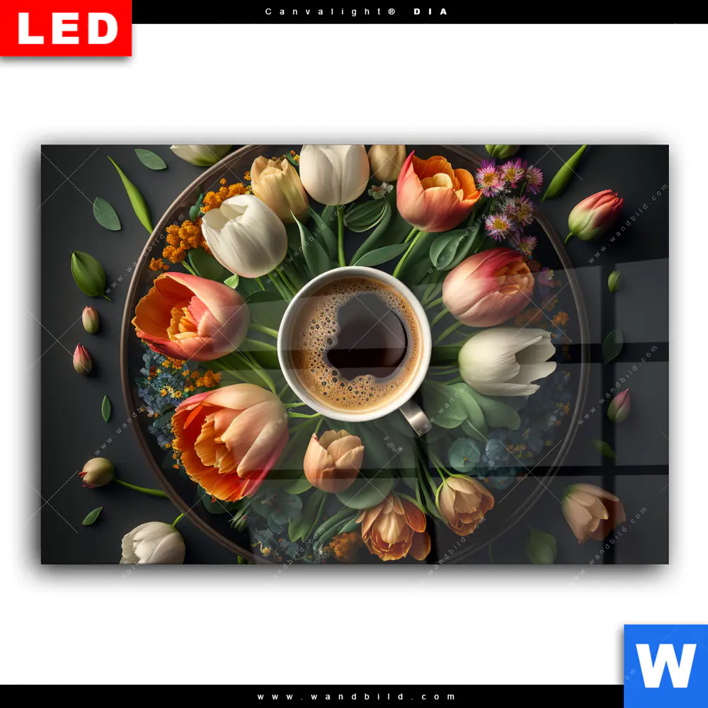 Wechselmotiv Acrylglas Canvalight® DIA | Kaffee inmitten wunderschöner Blumen | Querformat - Image 2