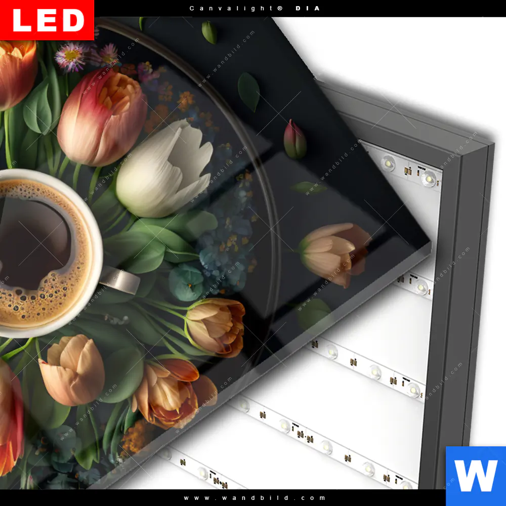 Wechselmotiv Acrylglas Canvalight® DIA | Kaffee inmitten wunderschöner Blumen | Querformat - Image 3