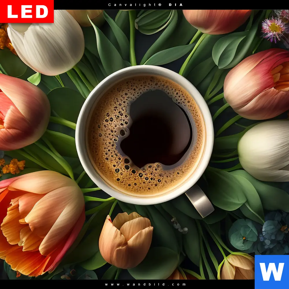 Wechselmotiv Acrylglas Canvalight® DIA | Kaffee inmitten wunderschöner Blumen | Querformat - Image 4