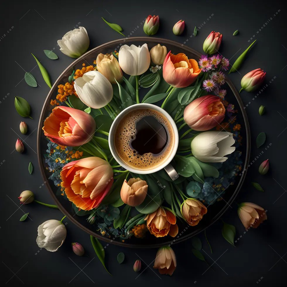 Wechselmotiv Acrylglas Canvalight® DIA | Kaffee inmitten wunderschöner Blumen | Querformat - Image 5