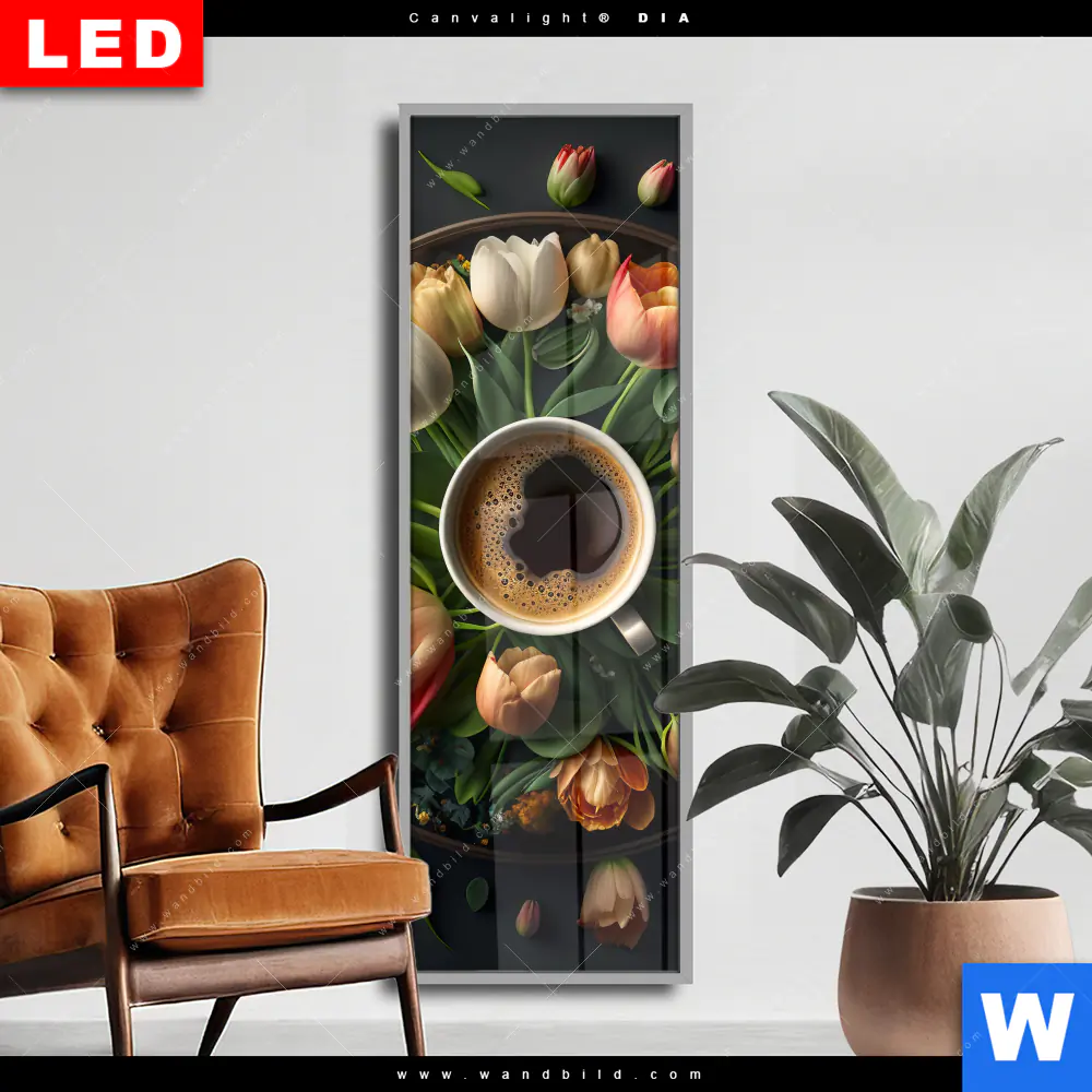 Wechselmotiv Acrylglas Canvalight® DIA | Kaffee inmitten wunderschöner Blumen | Schmal
