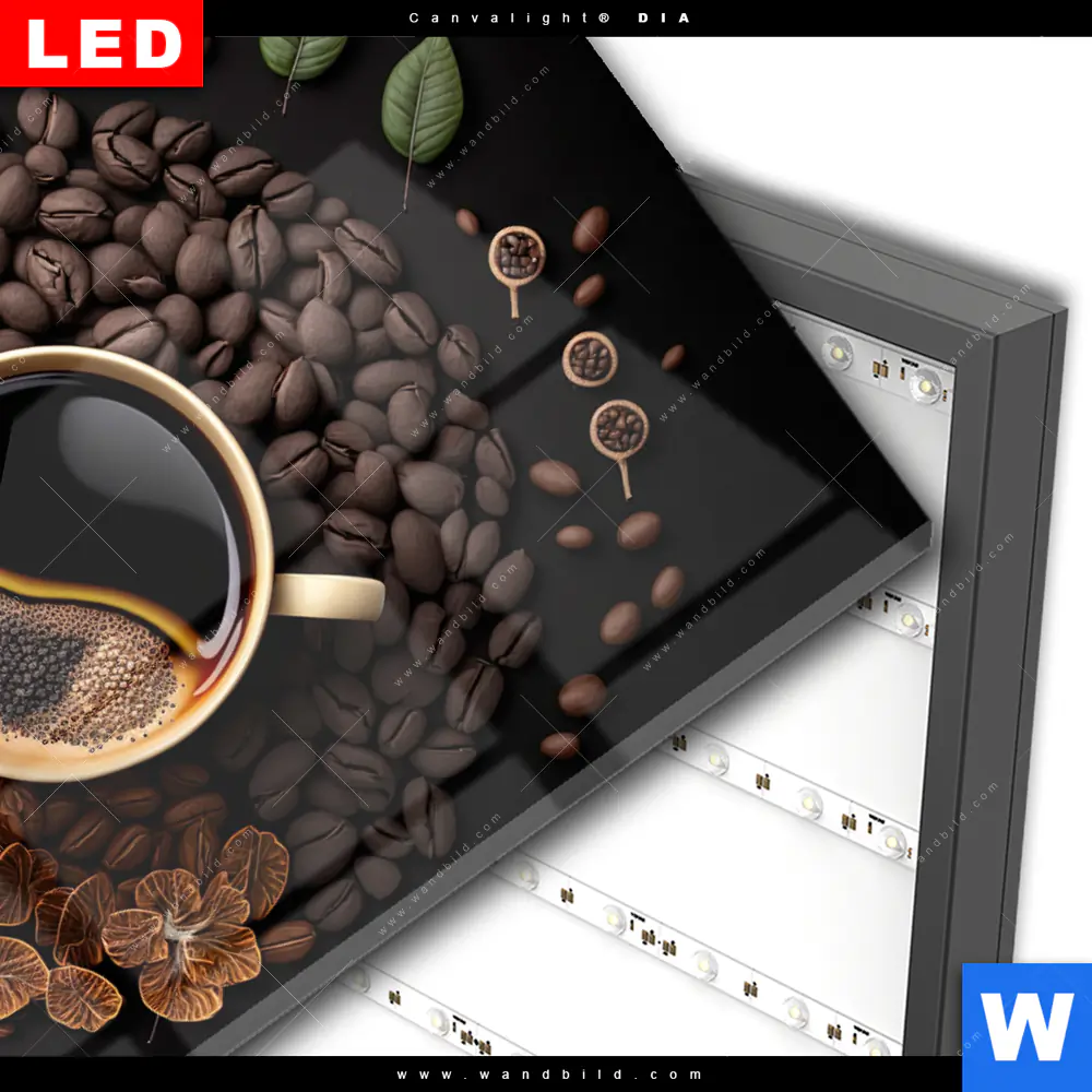 Wechselmotiv Acrylglas Canvalight® DIA | Kaffee mit Blattdekoration | Hochformat - Image 3