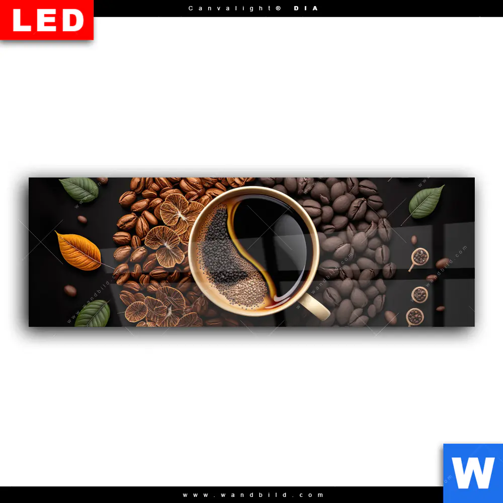 Wechselmotiv Acrylglas Canvalight® DIA | Kaffee mit Blattdekoration | Panorama - Image 2