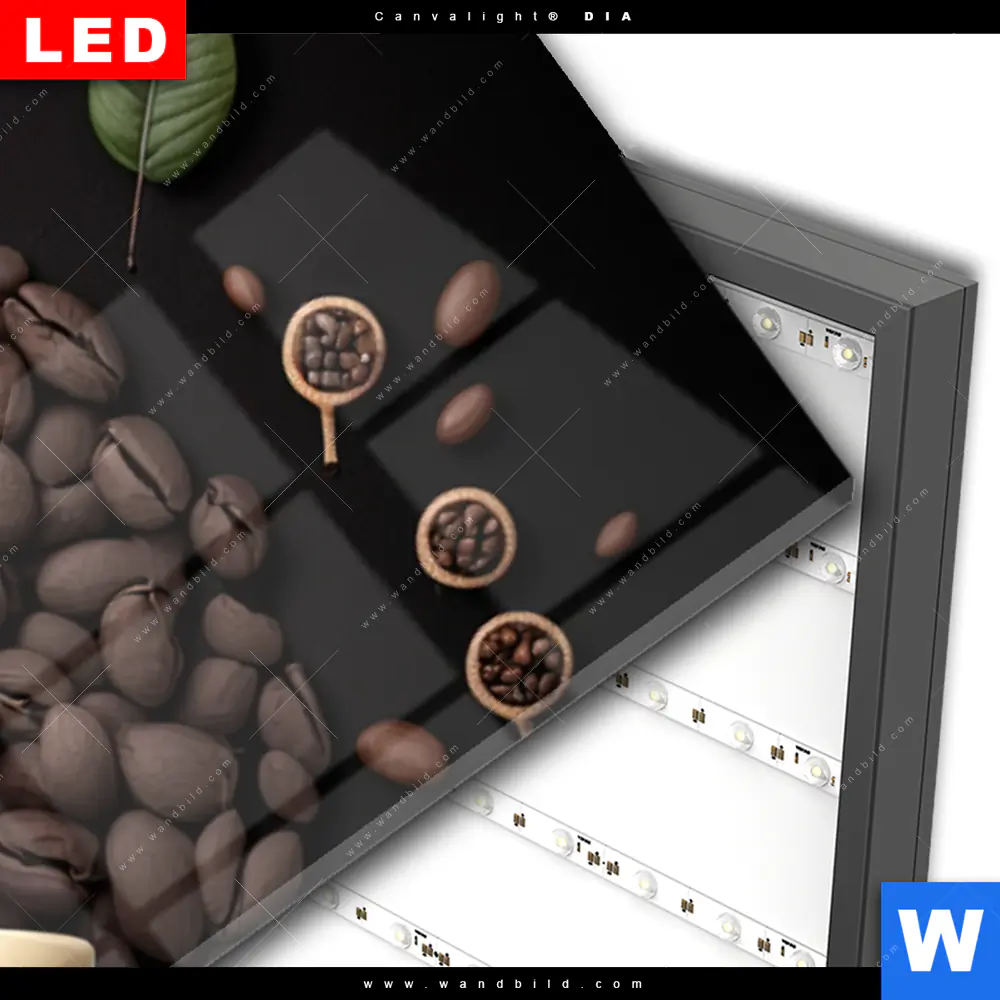 Wechselmotiv Acrylglas Canvalight® DIA | Kaffee mit Blattdekoration | Panorama - Image 3