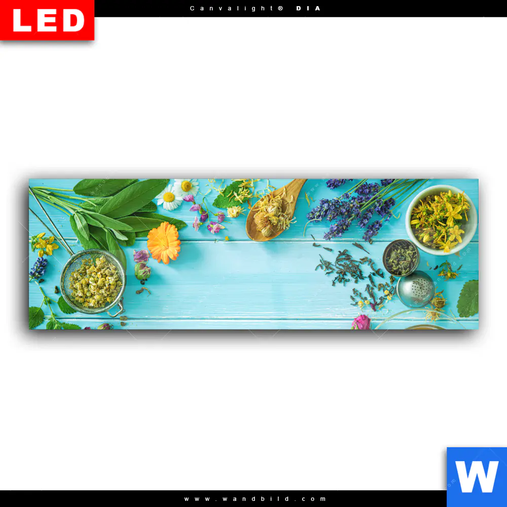 Wechselmotiv Acrylglas Canvalight® DIA | Kräuter auf blauem Holztisch | Panorama - Image 2