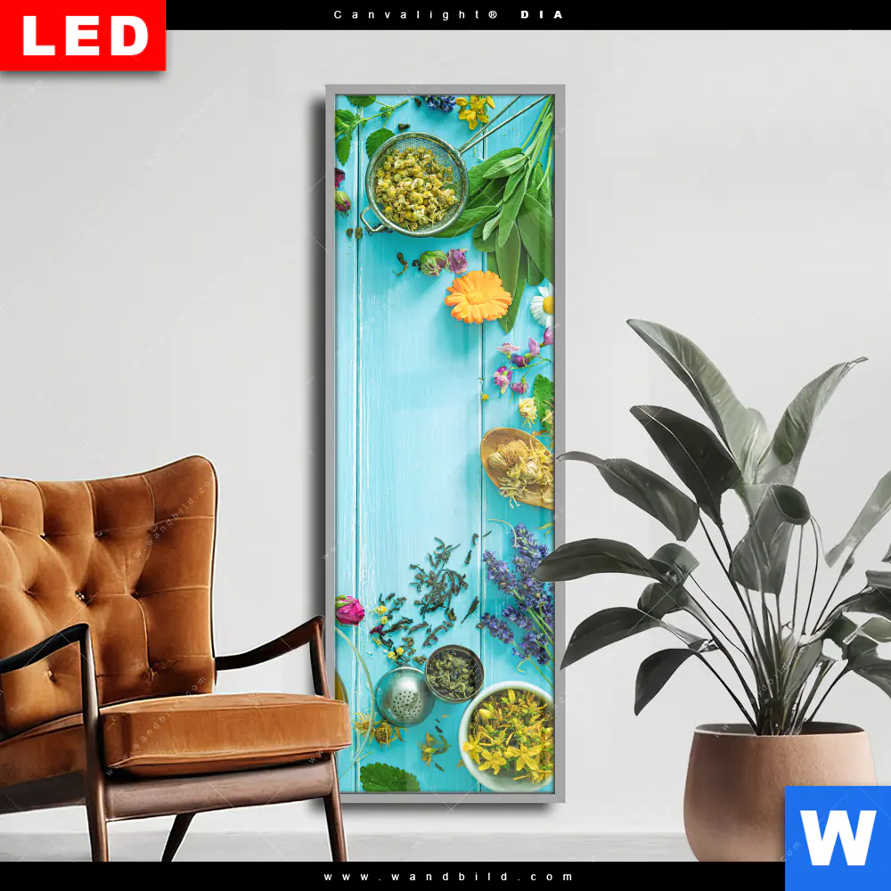 Wechselmotiv Acrylglas Canvalight® DIA | Kräuter auf blauem Holztisch | Schmal