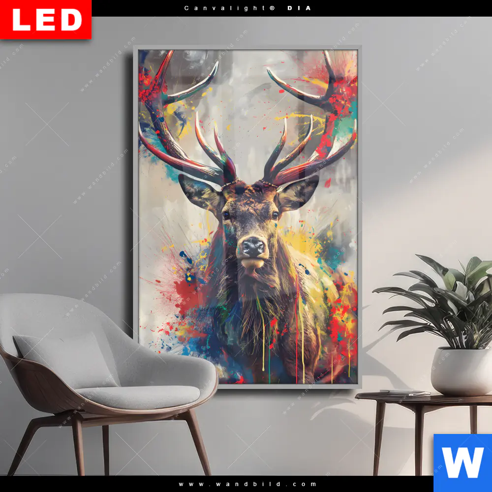 Wechselmotiv Acrylglas Canvalight® DIA | Kreativer Hirsch mit Farbspritzern | Hochformat